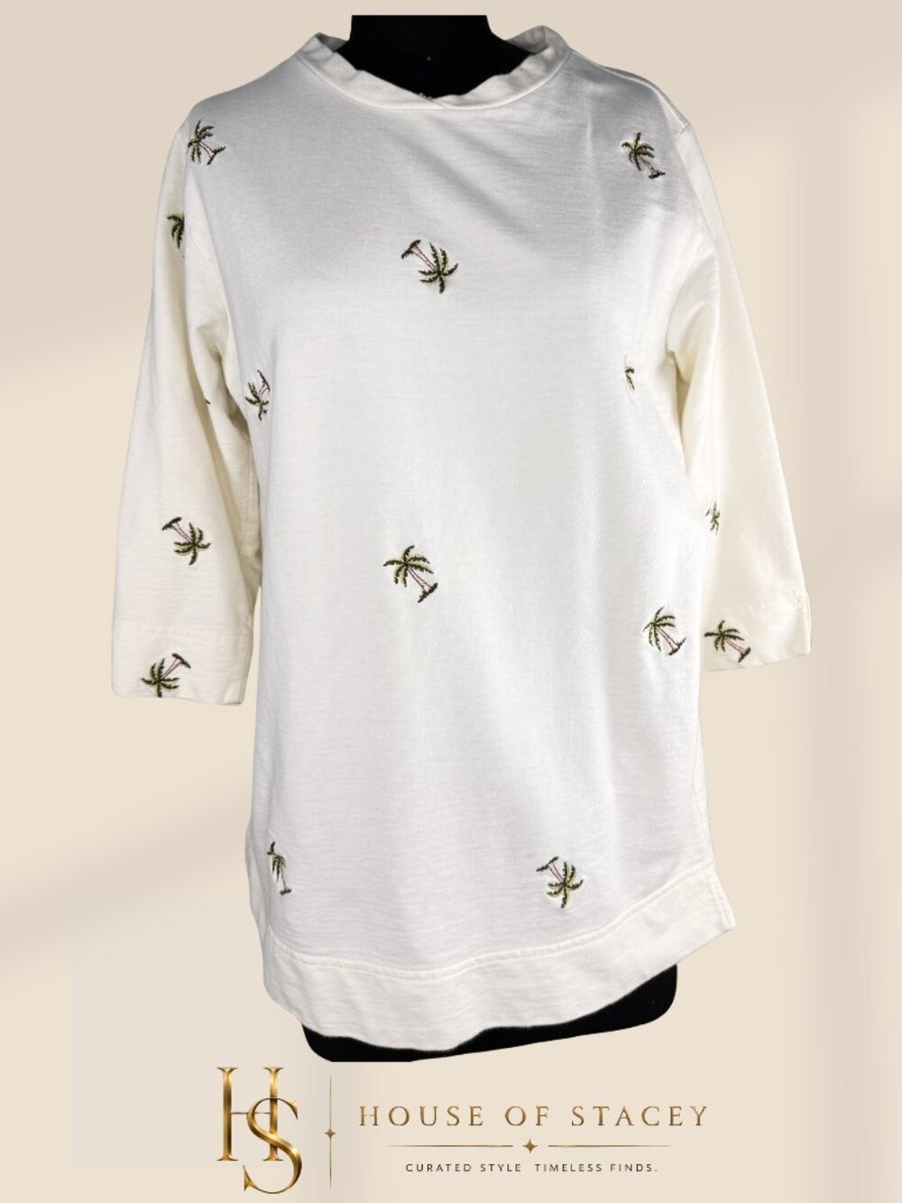 Coldwater Creek Palm Tree Embroidered Top Size Small Cream 100% Cotton Coastal